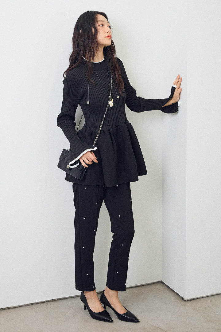 [予約/SET]リブフレア配色スリーブペプラムニット+センターシームランダムパールパンツ(2set)