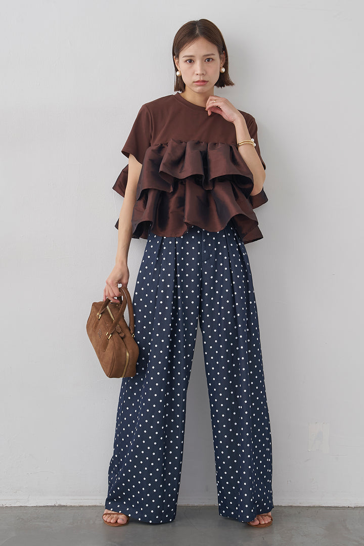 [予約/SET]ナイロンフリルドッキングTシャツ+ハイウエストドットデニムパンツ(2set)