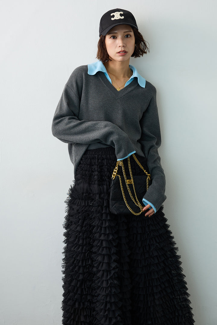 [予約]配色襟レイヤード風ニット