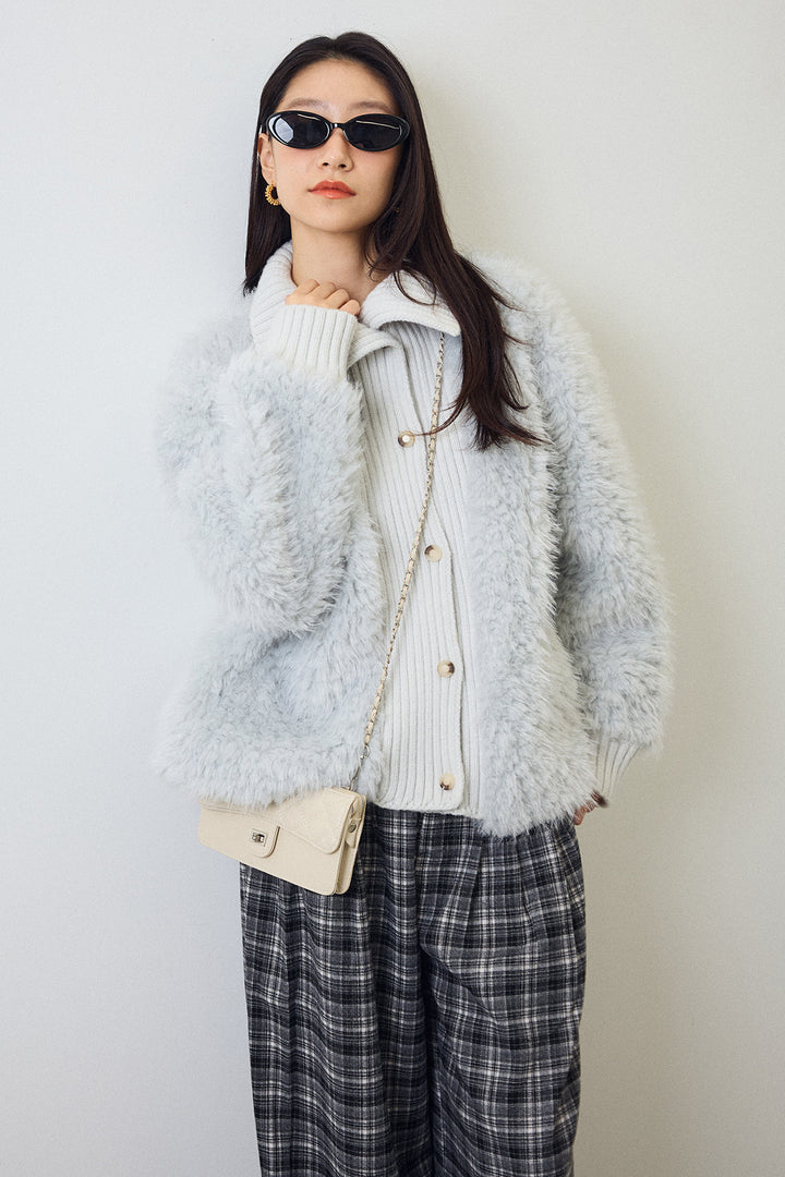 [予約/SET]シャギーファー×リブニットミックスジャケット+ハイウエストチェックセミワイドパンツ(2set)