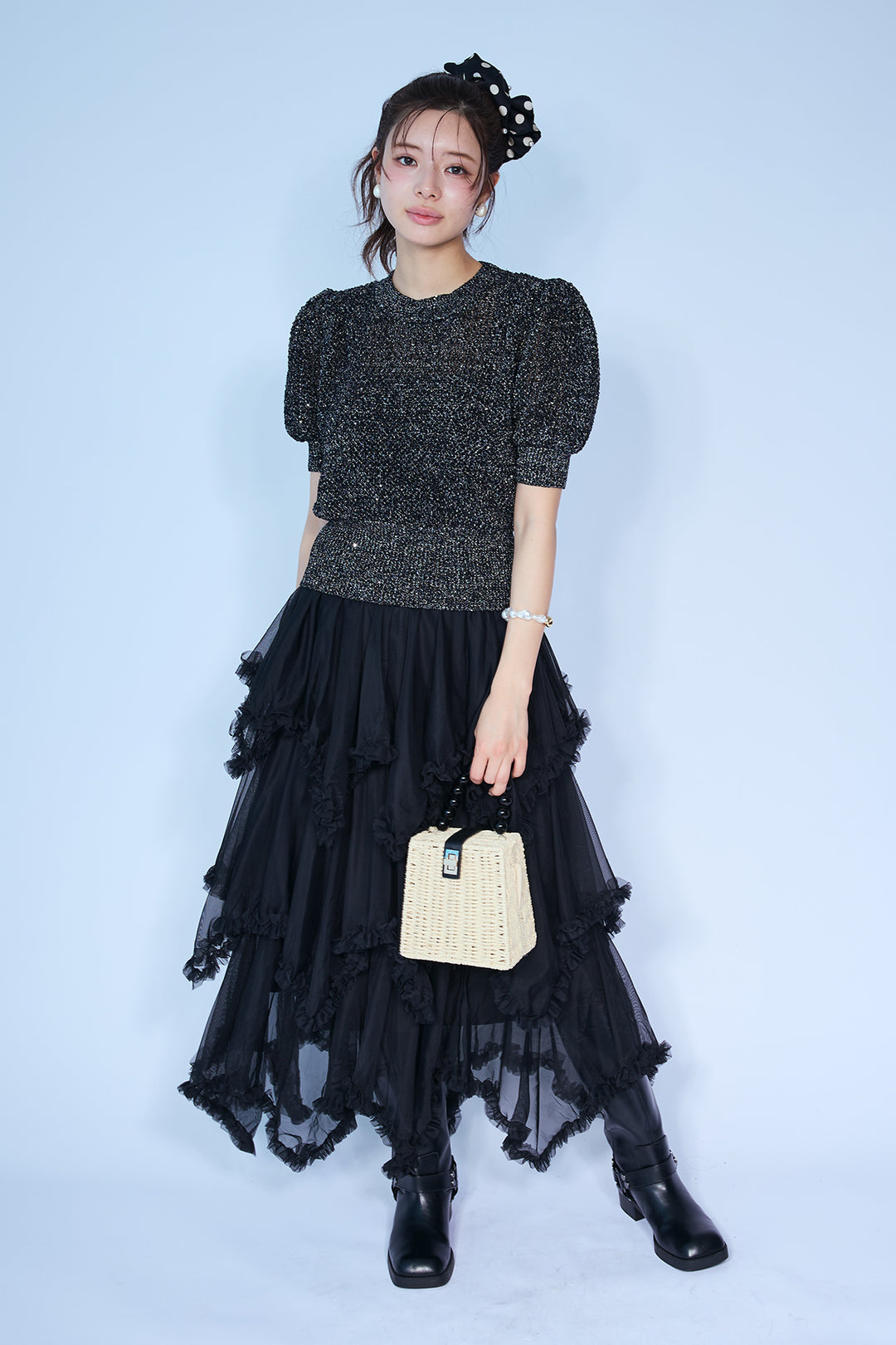 [予約/SET]ラメ混パフスリーブハーフスリーブニット+ムードチュールフリルスカート(2set)