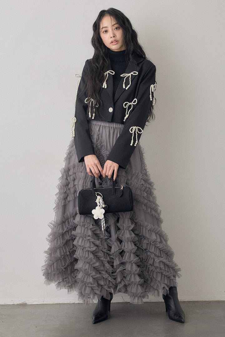 [予約/SET]ベーシックリブタートルニット+パールリボンクロップドジャケット+スフレアシメチュールスカート(3set)