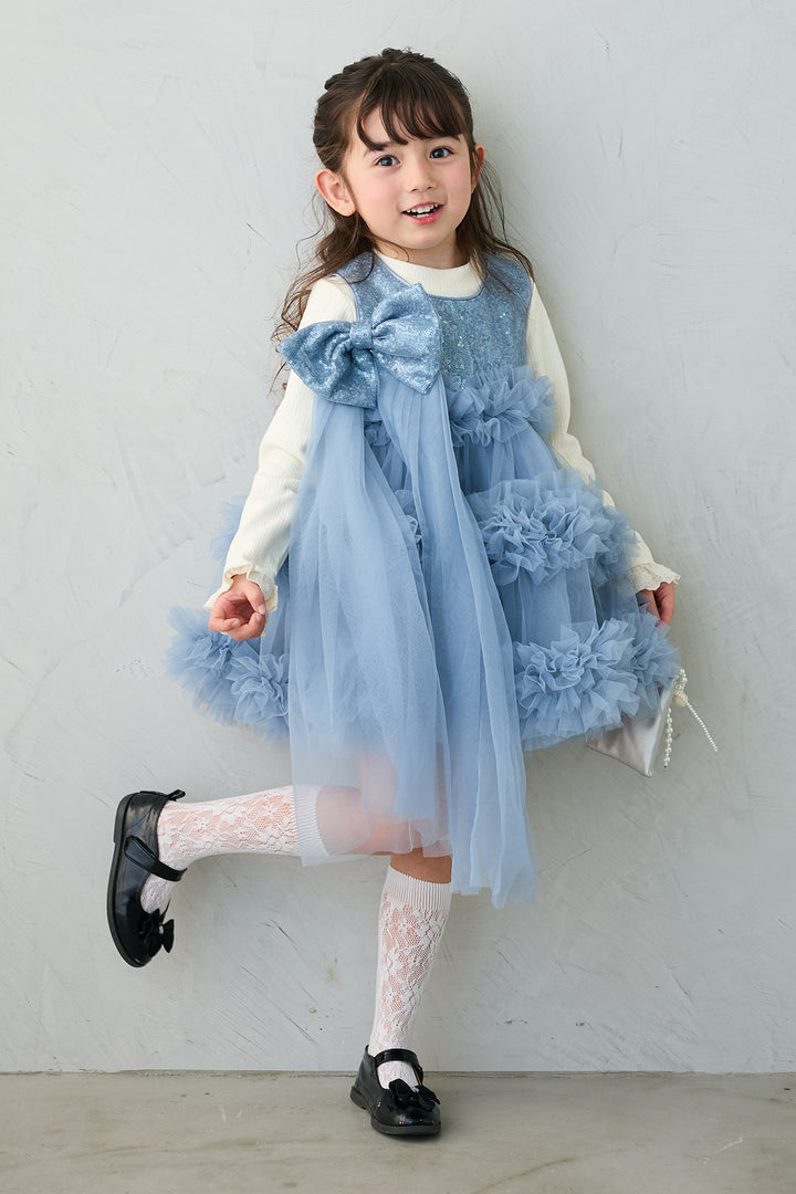 [予約/親子SET][kids]スパンコールリボンホイップチュールワンピセット+フリルヘムスリーブブラウス+クロップドマニッシュシンプルジャケット+ツイルシンプルストレートパンツ(4set)