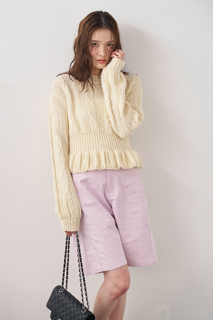 [予約/SET]ケーブル編ミニペプラムニット+デニムベーシックハーフパンツ(2set)