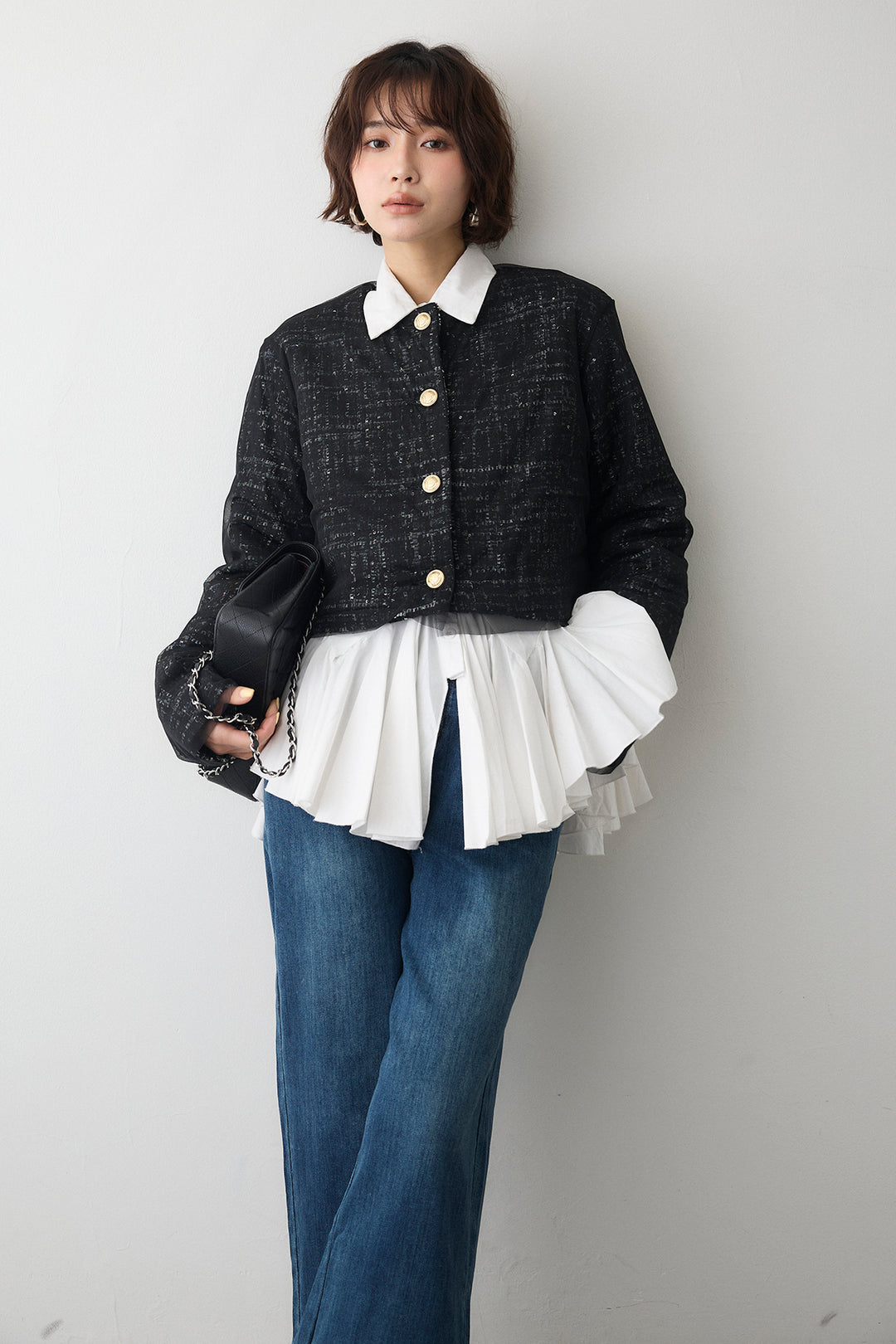 [予約/SET]ツイード×チュールレイヤードクロップドジャケット+フリルヘムデニムパンツ(2set)