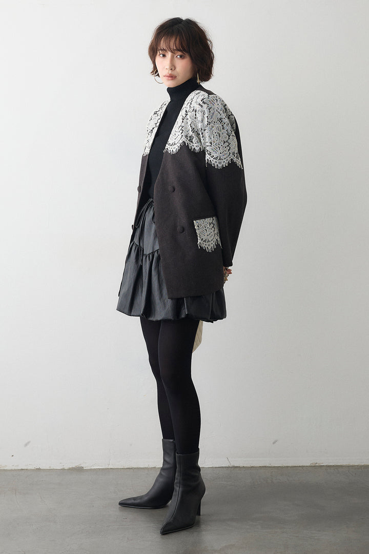 [予約/SET]ベーシックリブタートルニット+ショルダーレースデザインジャケット+フェイクレザーティアードバルーンミニスカート(3set)