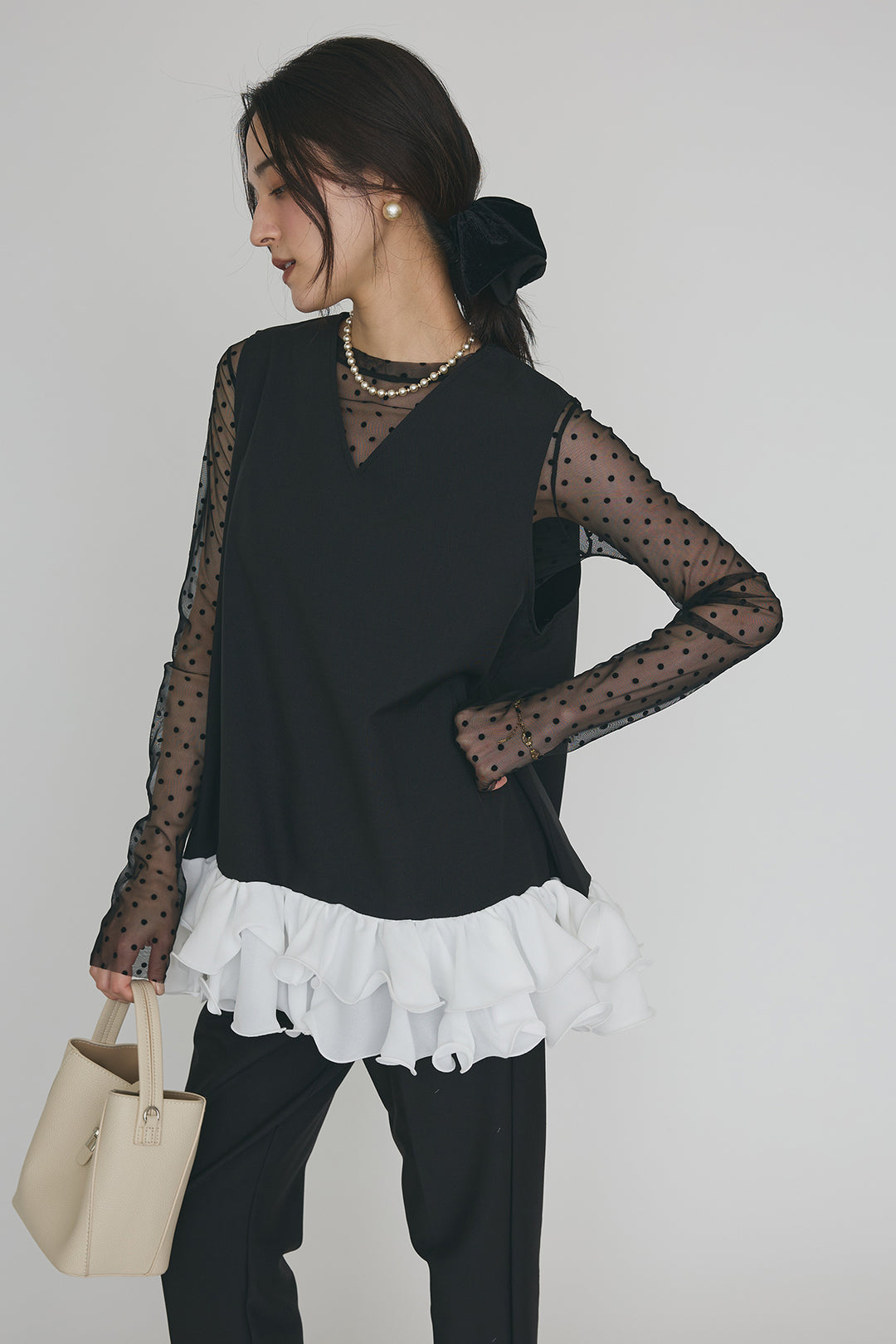 [予約/SET]シアードットフロッキートップス+異素材フリルヘムVネックチュニック+タックテーパードパンツ(3set)