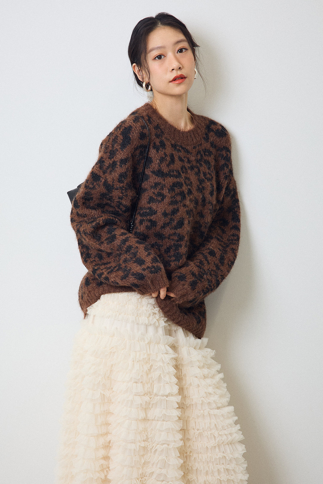 [予約/SET]レオパードクルーネックニットプルオーバー+ホイップチュールティアードスカート(2set)