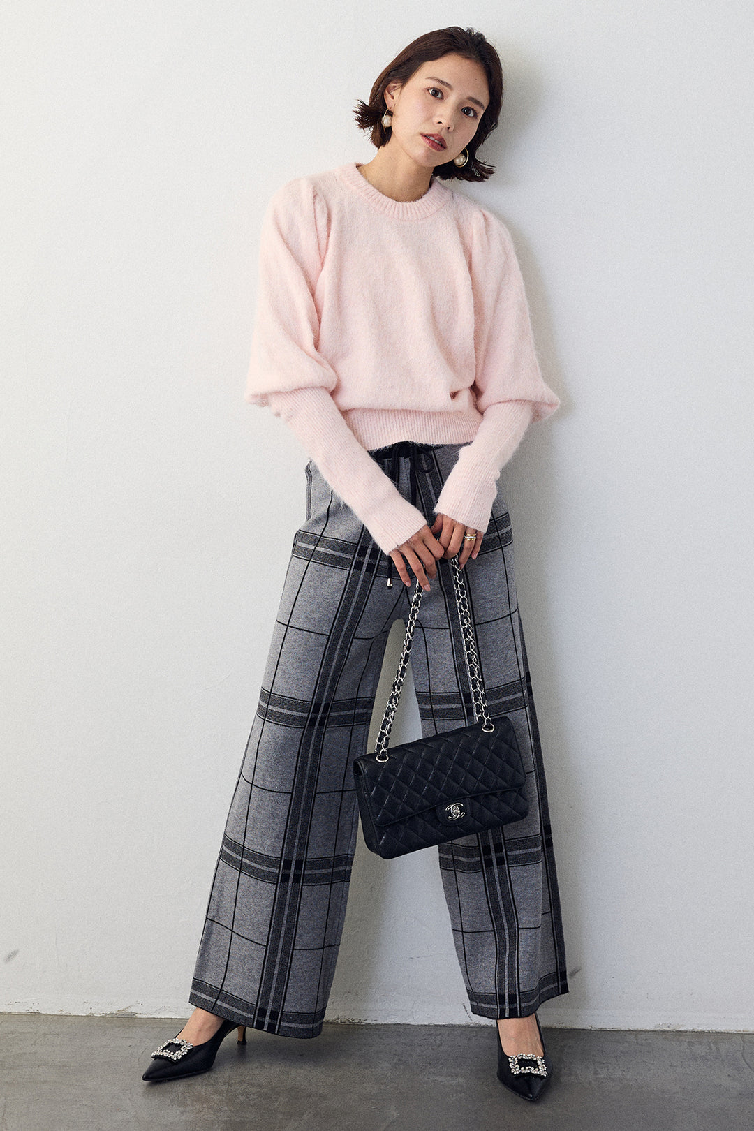[予約/SET]モヘアパフスリーブプルオーバー+チェック柄ニットストレートパンツ(2set)
