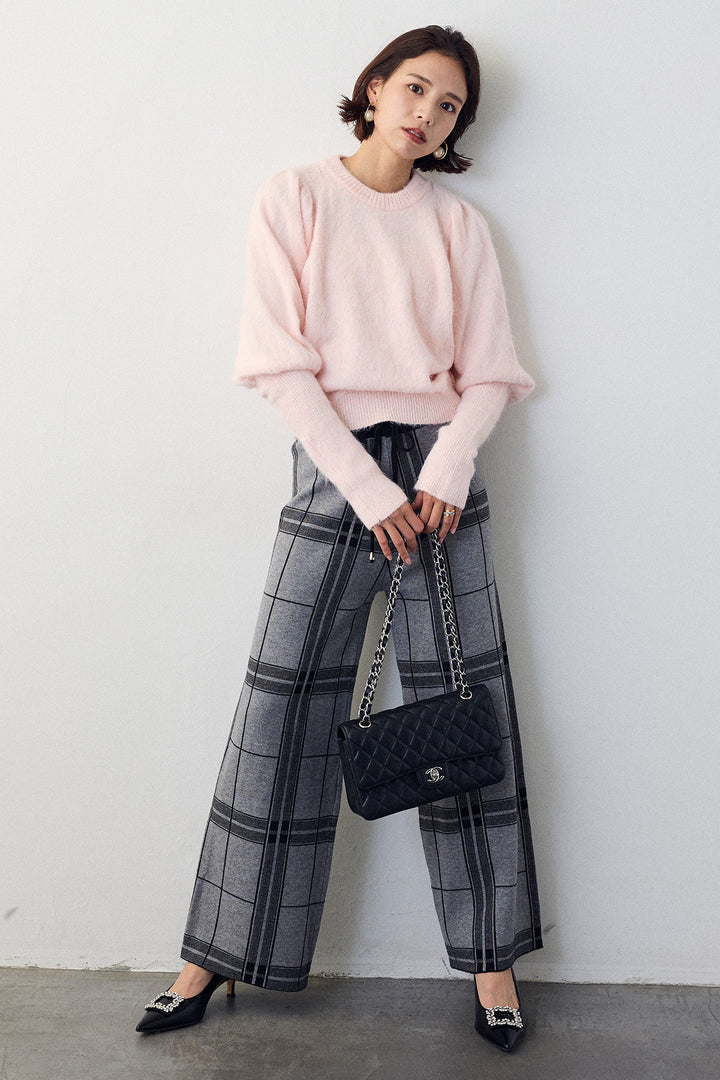 [予約/SET]モヘアパフスリーブプルオーバー+チェック柄ニットストレートパンツ(2set)