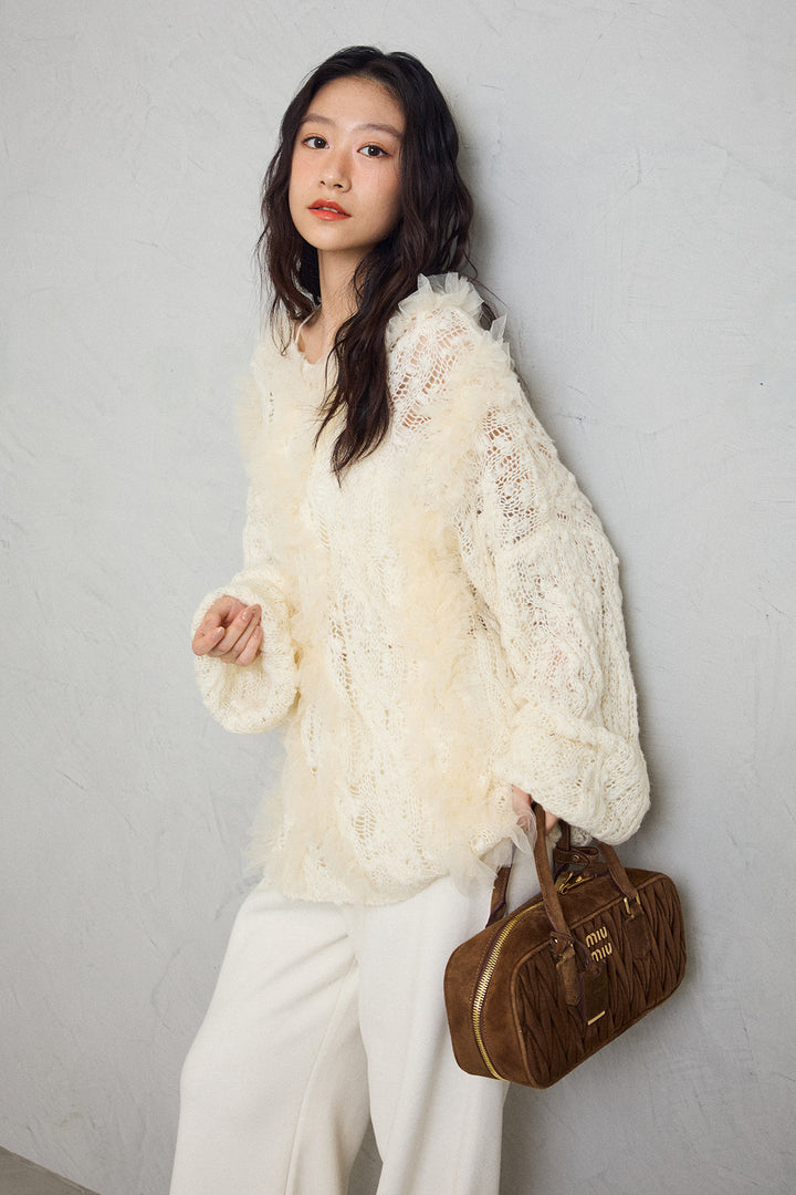 [予約/SET]透かし編みホイップチュールニット+ウォームタッチイージーパンツ(2set)