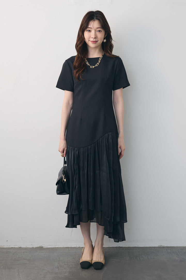 [予約]シフォン切替ハーフスリーブワンピース