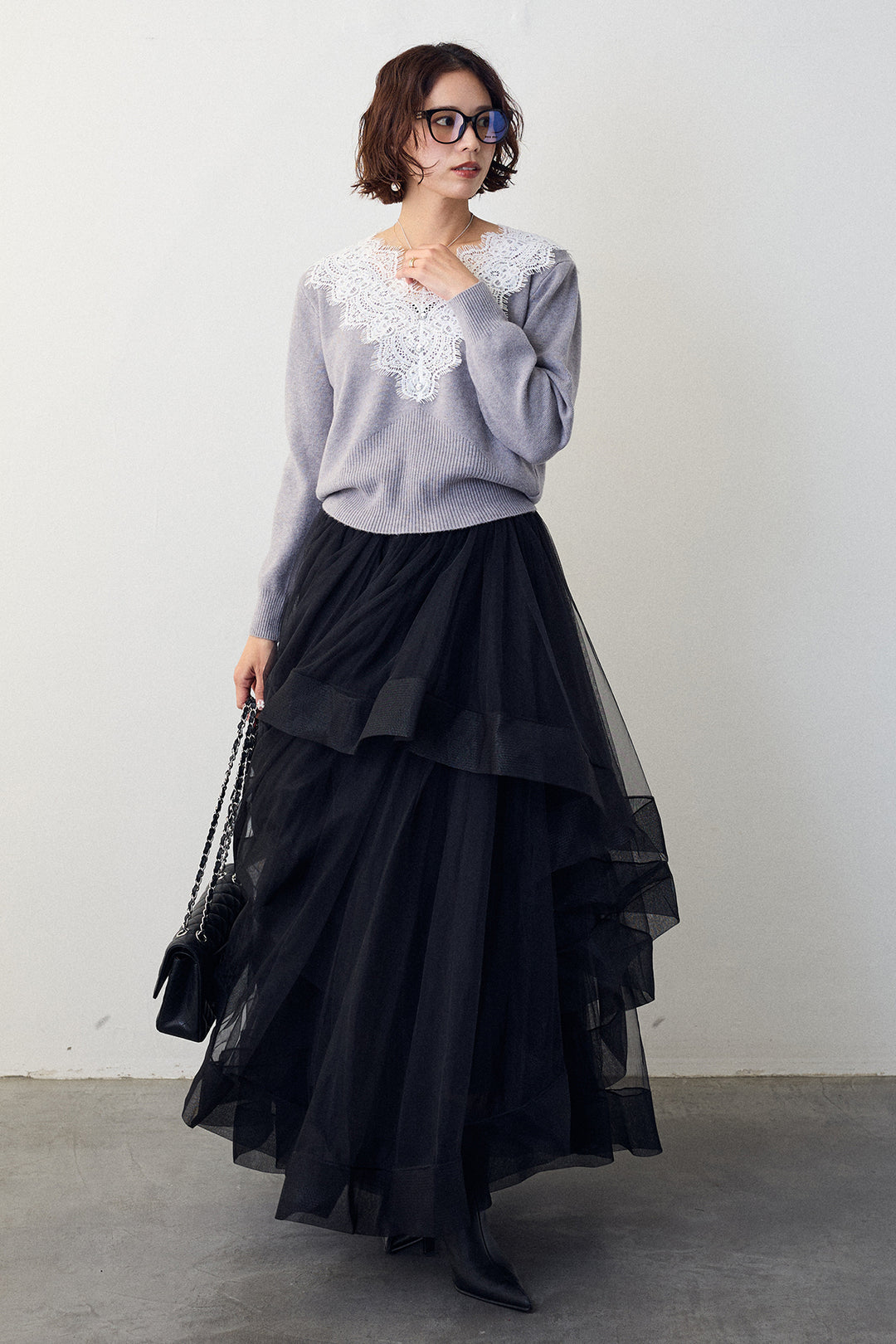 [予約/SET]Vレースデザインニットプルオーバー+ランダムフリルティアードボリュームスカート(2set)