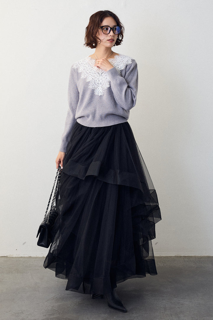 [予約/SET]Vレースデザインニットプルオーバー+ランダムフリルティアードボリュームスカート(2set)