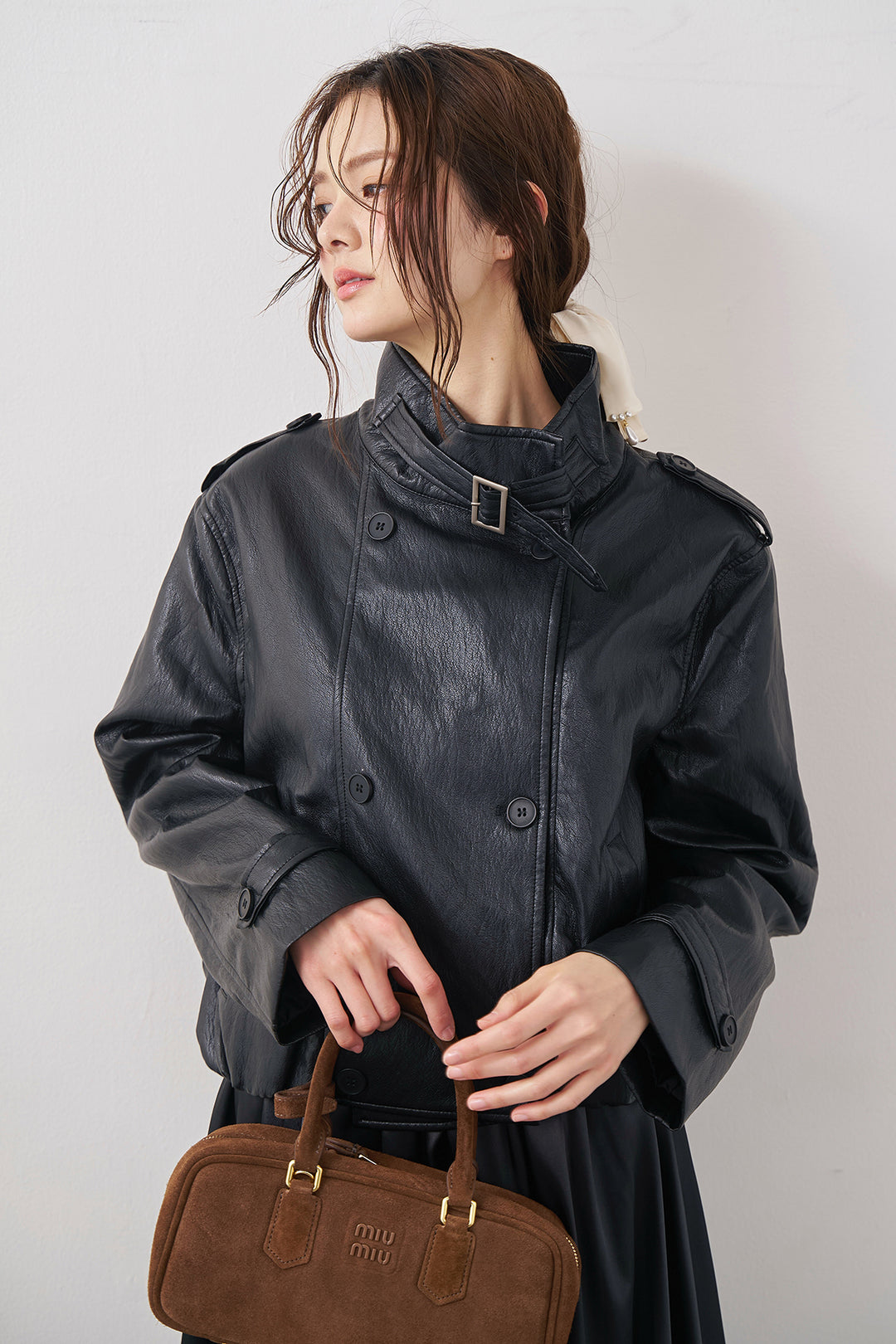 [予約/SET]レザーライククロップドジャケット+サテンシャイニーバルーンスカート(2set)