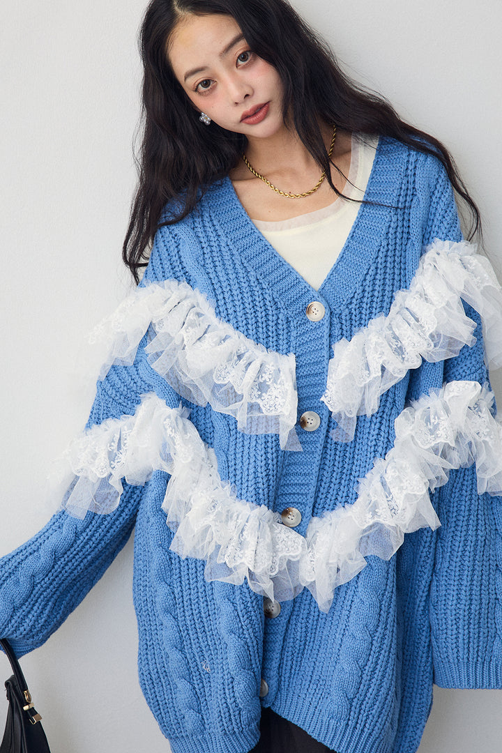 [予約/SET]ラッフルレースドッキングニットBIGカーデ+タックテーパードパンツ(2set)