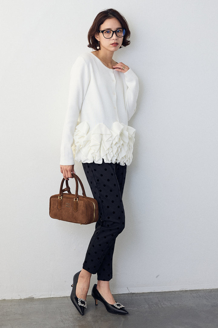 [予約/SET]フリルホイップニットカーディガン+ドット柄センターラインテーパードパンツ(2set)