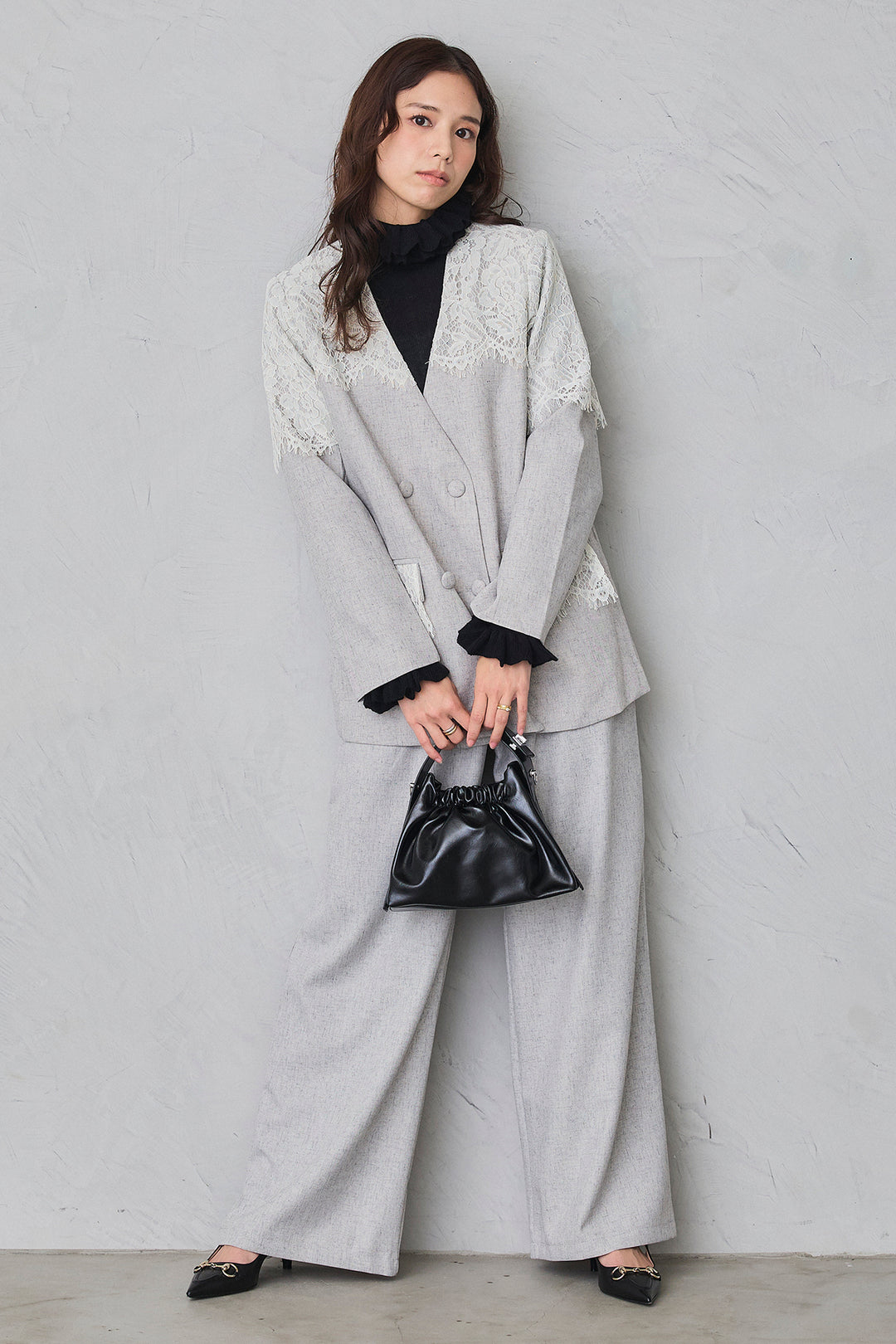 [予約/SET]ダブルフリルカラーニットプルオーバー+ショルダーレースデザインジャケット+ライトツイードタックパンツ(3set)