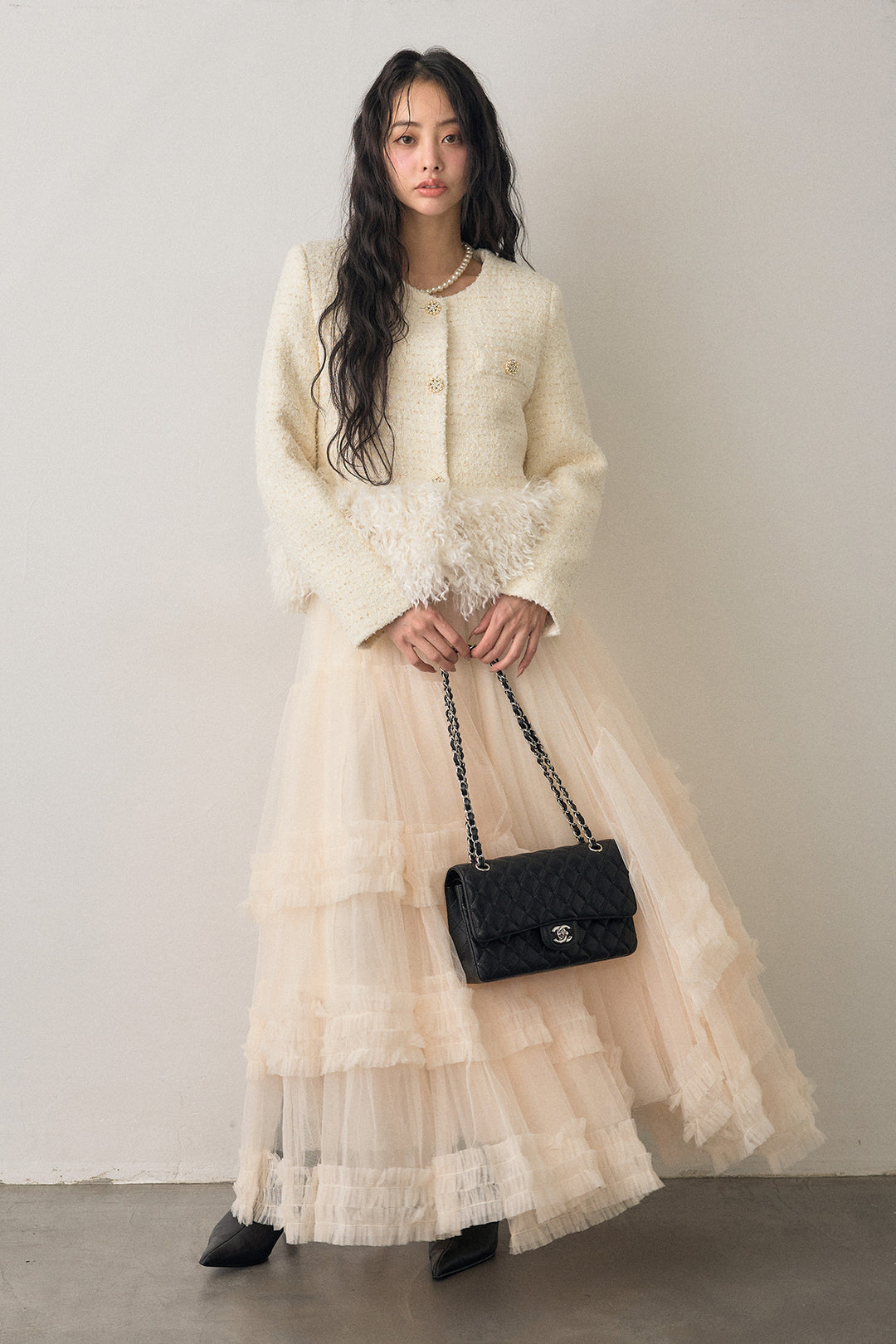 [予約/SET]中綿ツイードロングファードッキングジャケット+フェアリードレープチュールスカート(2set)