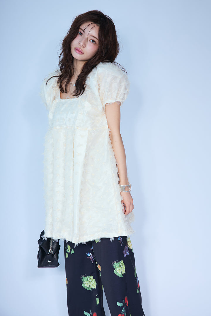 [予約/SET]フラワージャカードパフスリーブチュニック+フルーツパターンストレートパンツ(2set)