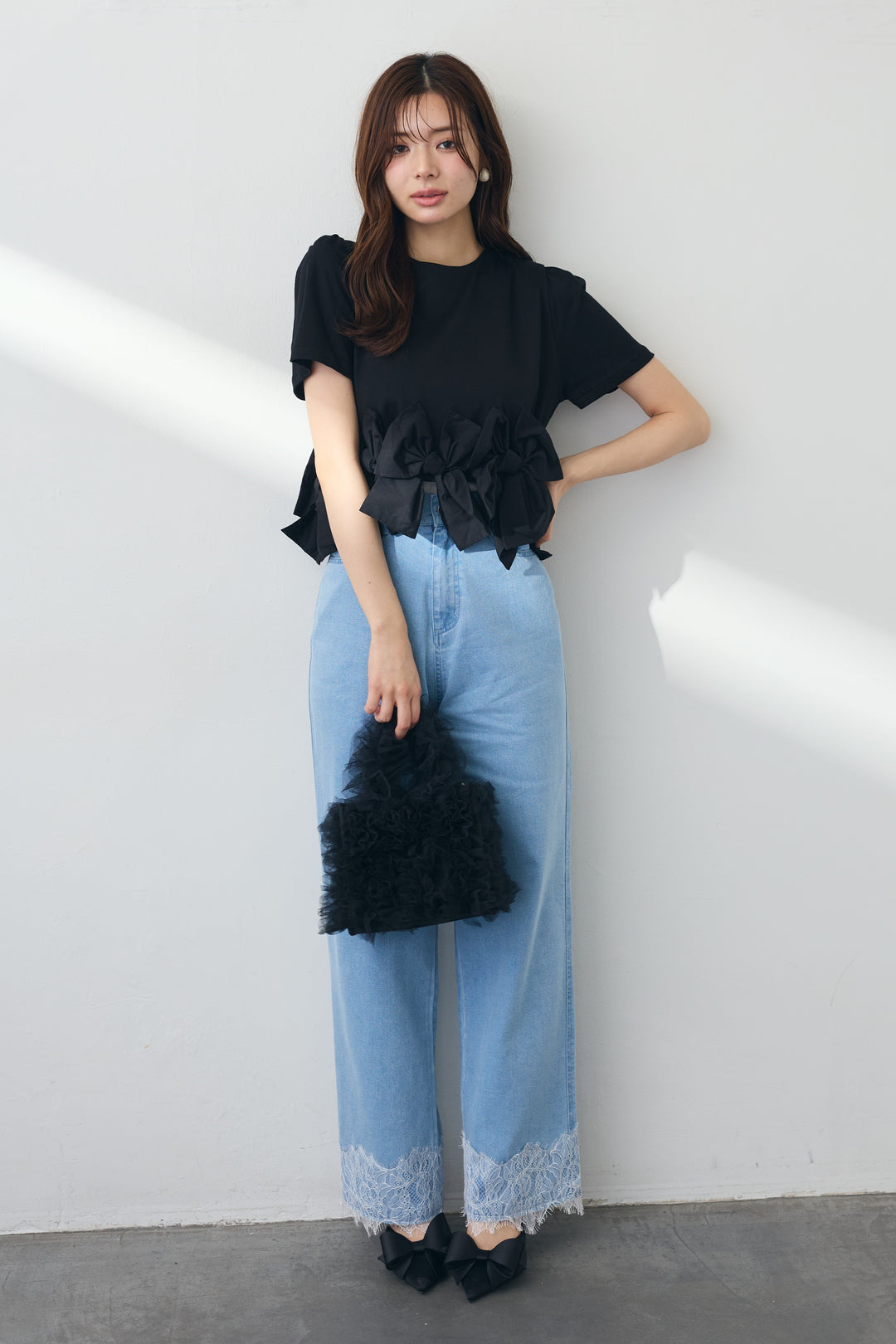 [予約/SET]リボンヘムデザインTシャツ+【接触冷感】ヘムレースデニムパンツ(2set)
