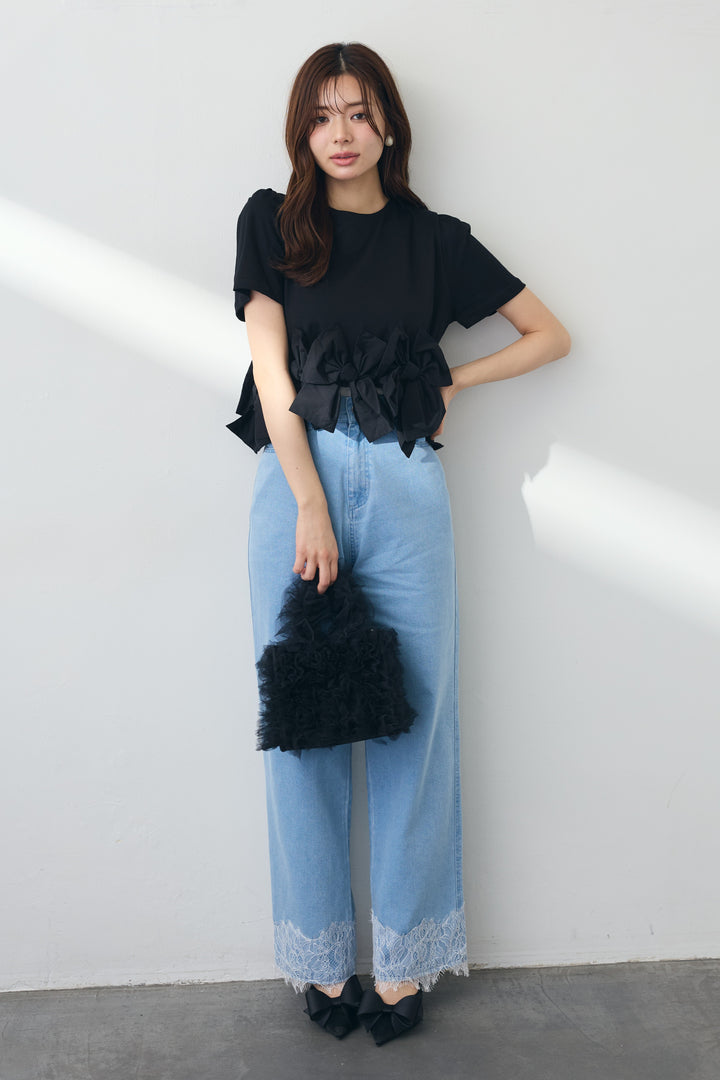 [予約/SET]リボンヘムデザインTシャツ+【接触冷感】ヘムレースデニムパンツ(2set)
