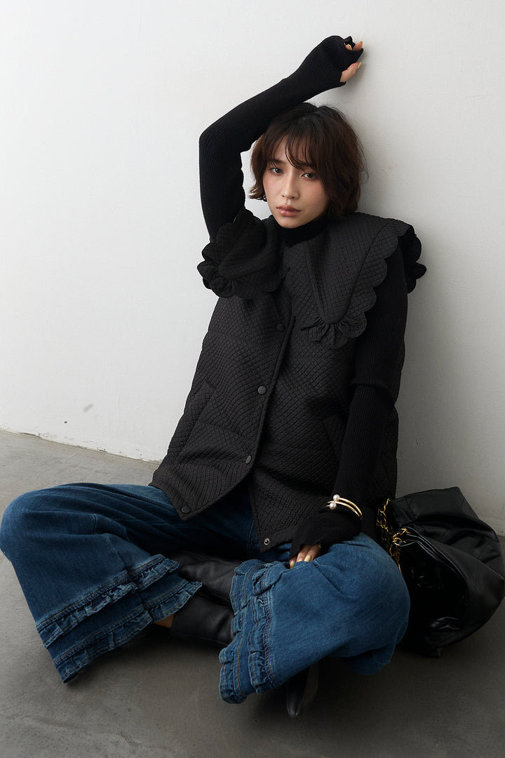 [予約/SET]ベーシックフィンガーホールリブニット+スカラップBIGカラーベスト+フリルヘムデニムパンツ(3set)