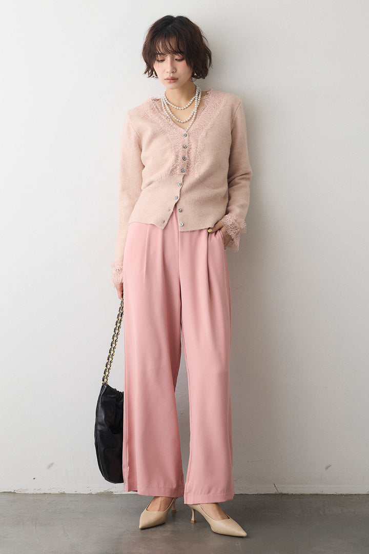 [予約/SET]レースVラインボタンニット+とろみドロストワイドパンツ(2set)