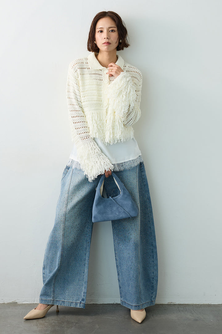 [予約/SET]繊細レースサテンキャミ+メッシュフリンジクロップドニット+スパークルラインストーンカーブデニム(3set)