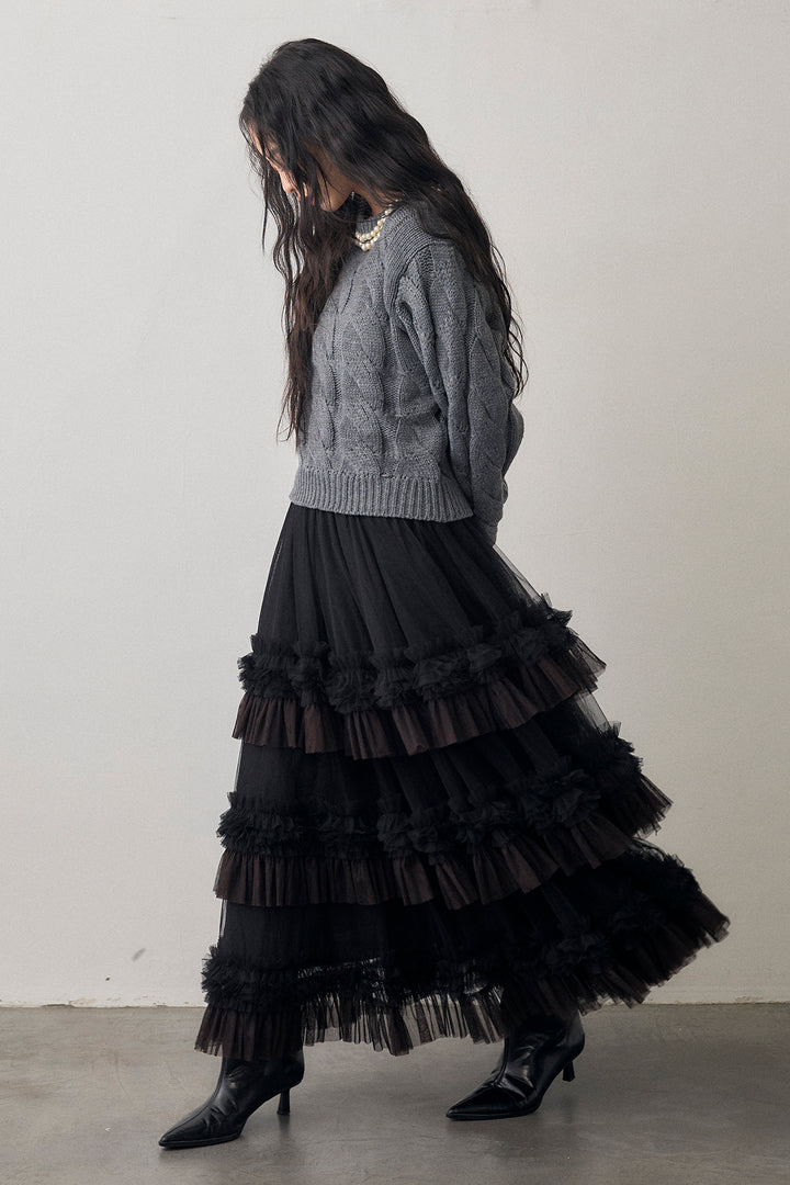 [予約/SET]ネックパールケーブル編みニット+配色フリルティアードロマンティックスカート(2set)