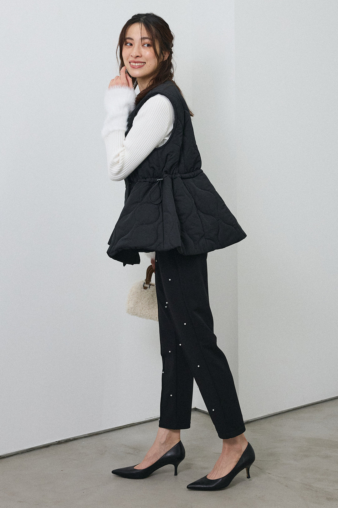 [予約/SET]フェザー切替スリーブフレアニット+キルティングフレアシルエットベスト(2set)