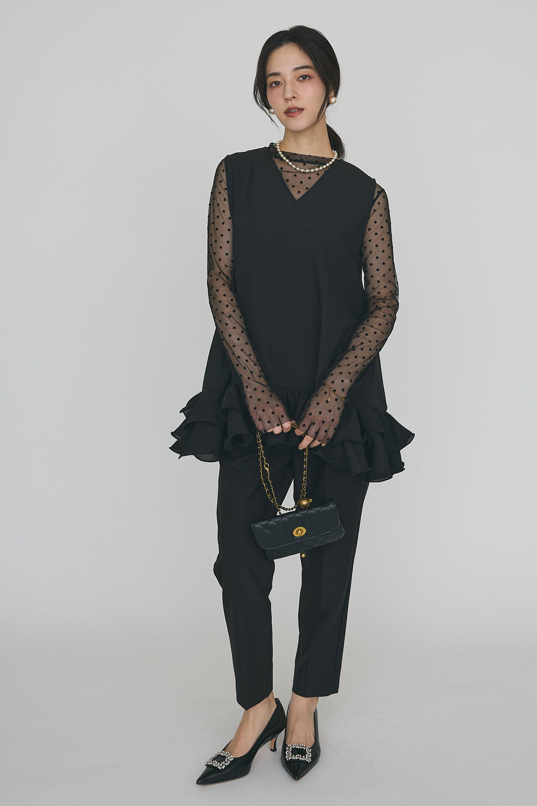 [予約/SET]異素材フリルヘムVネックチュニック+タックテーパードパンツ(2set)