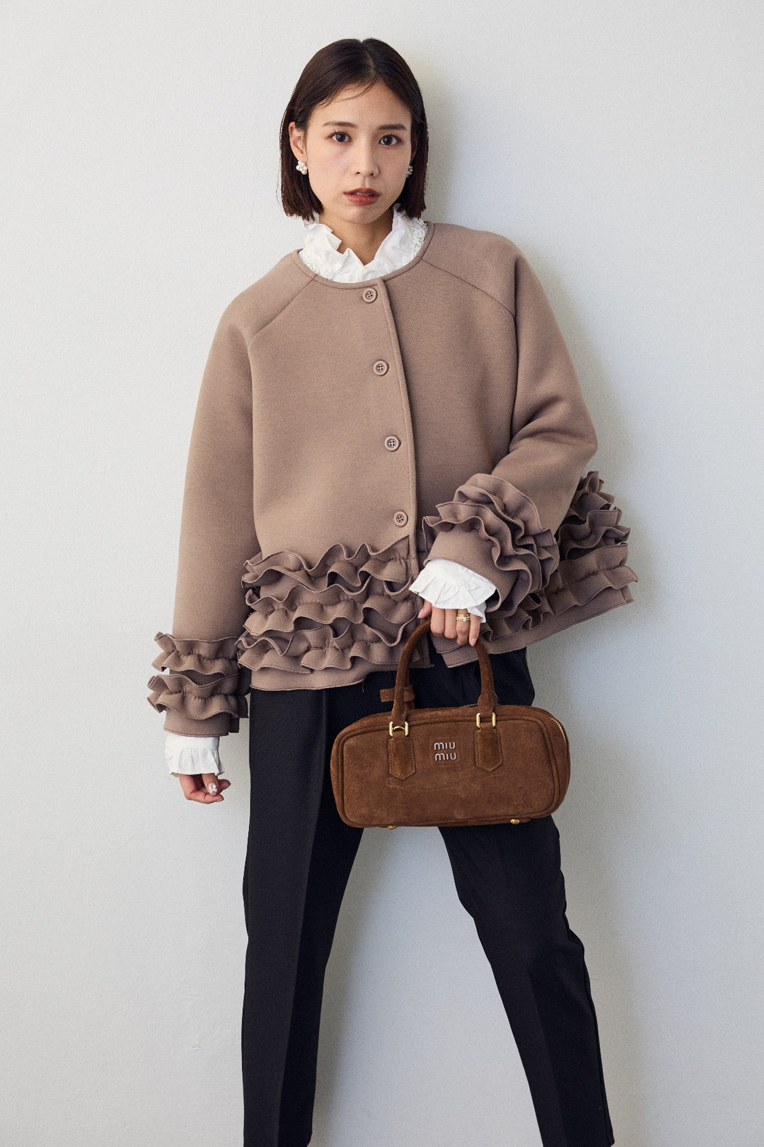 [予約/SET]フリルティアードボンディングクロップドコート+タックテーパードパンツ(2set)