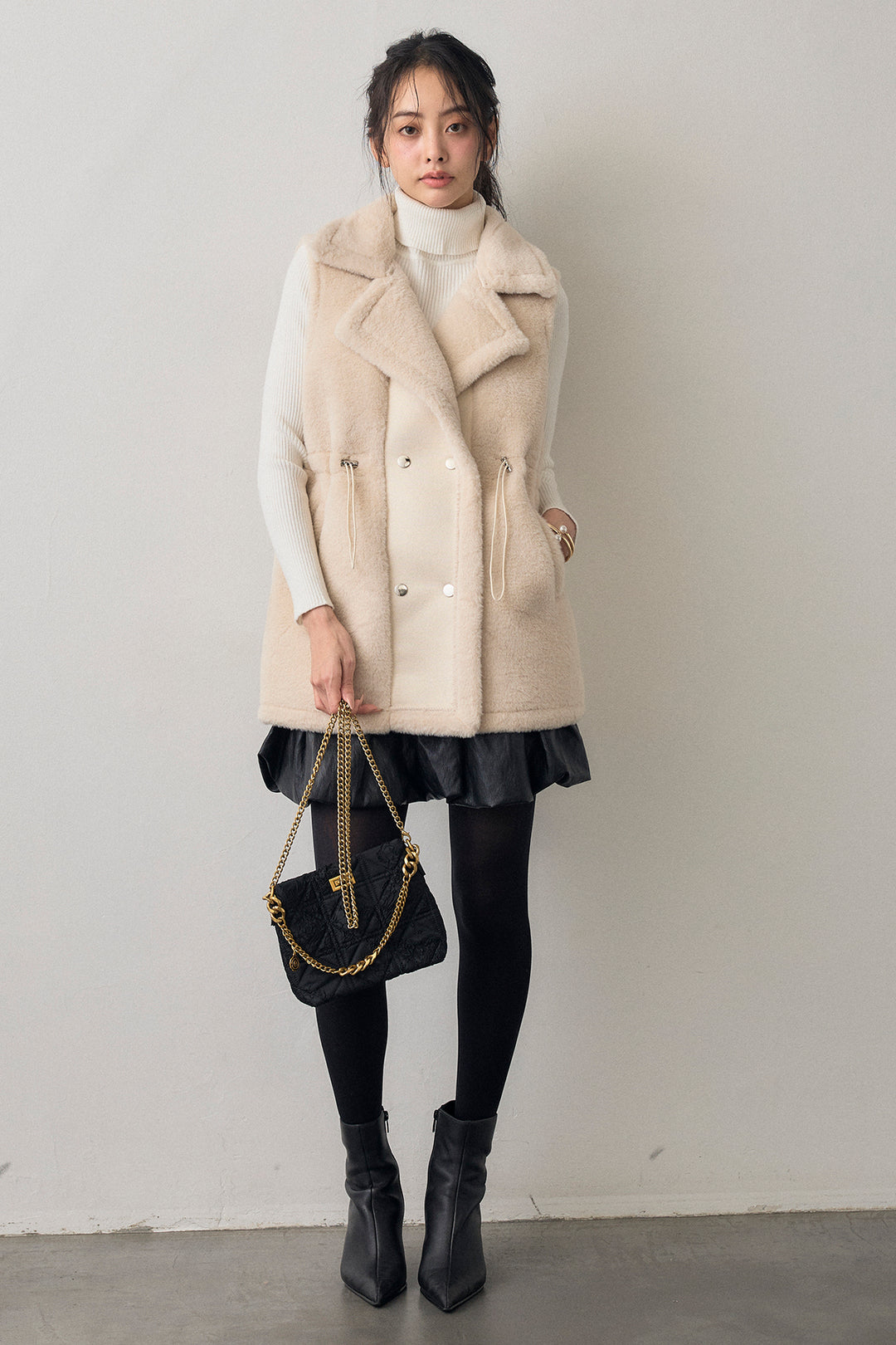 [予約/SET]ベーシックリブタートルニット+テディボアウエストドロストベスト+フェイクレザーティアードバルーンミニスカート(3set)