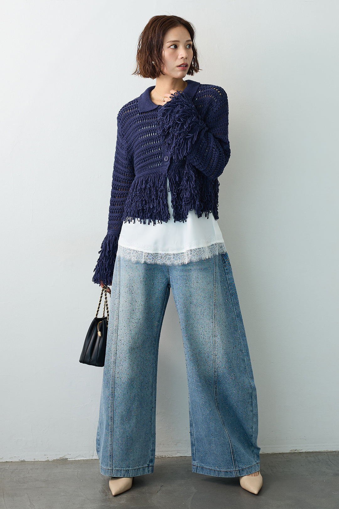 [予約/SET]メッシュフリンジクロップドニット+スパークルラインストーンカーブデニム(2set)