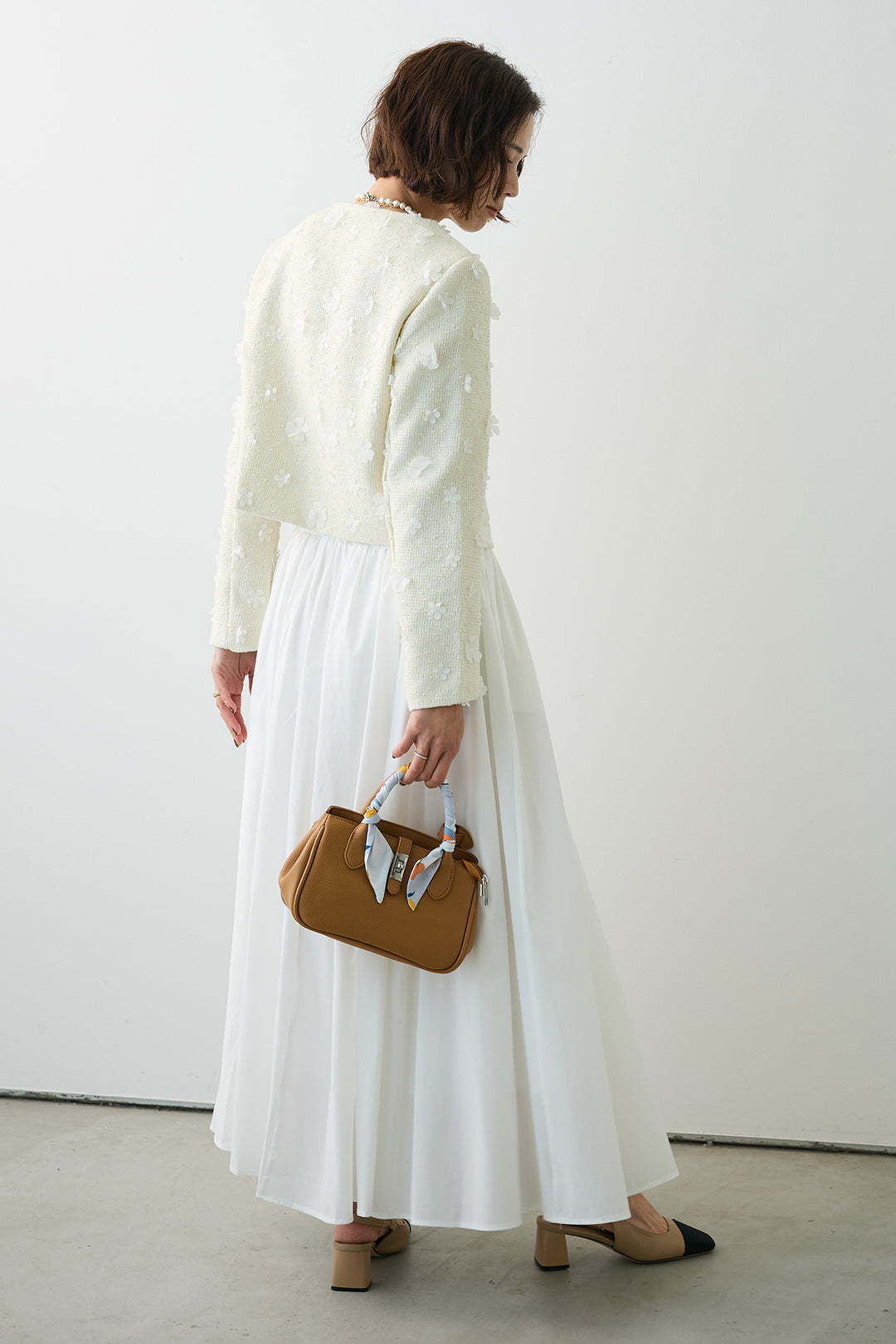 [予約/SET]フラワーモチーフツイードジャケット+ギャザーフレア綿タッチスカート(2set)