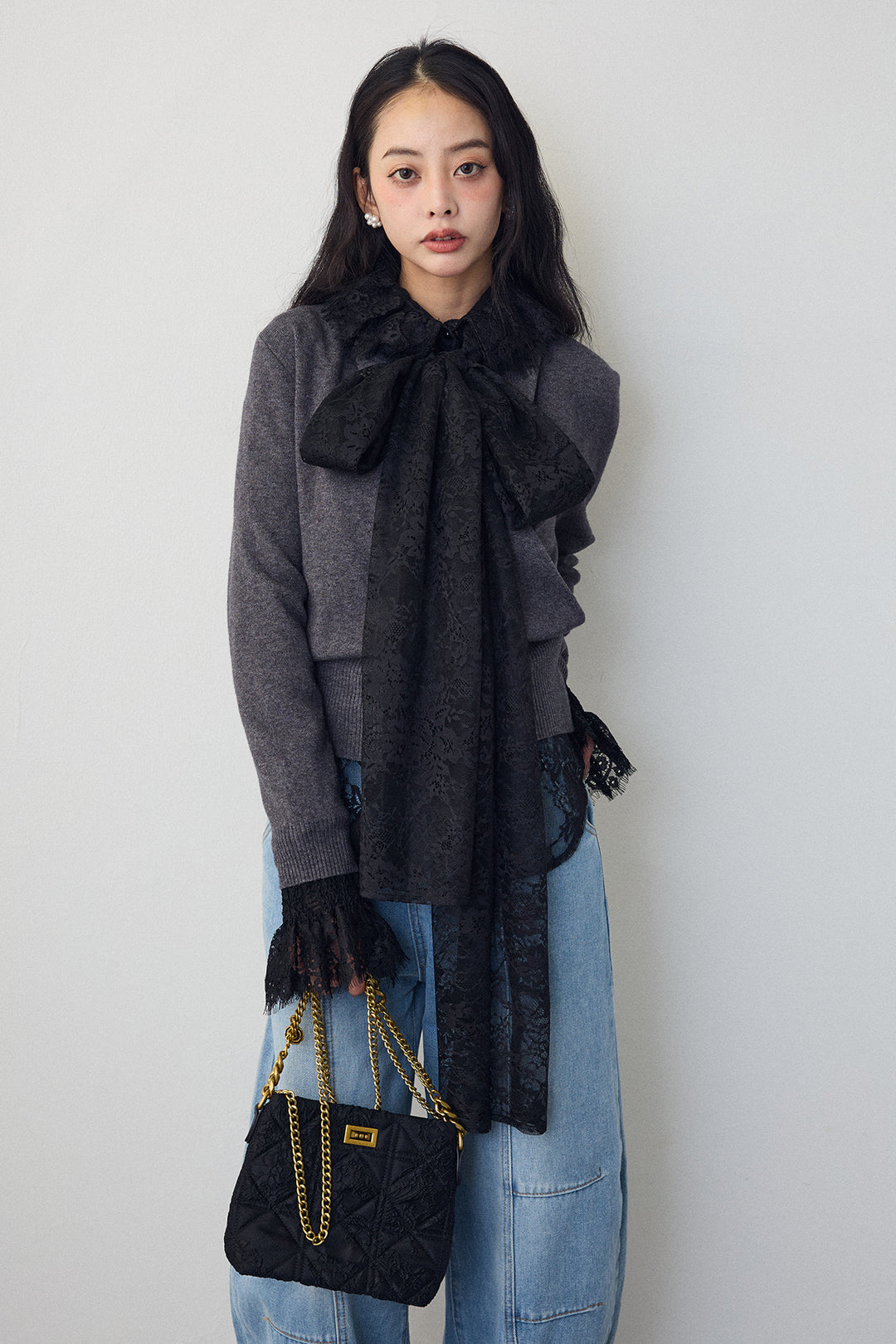 [予約/SET]クラシカルレースボウタイブラウス+カシュクールデザインニット(2set)