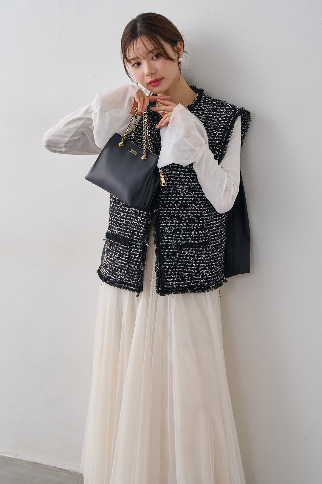 [予約/SET]チュールシアーカフスリブニット+異素材切り替えツイードベスト+エアリーチュールフレアスカート(3set)