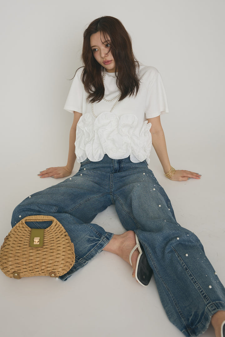 [予約/SET]フリルウェーブヘムカットTシャツ+パールラインストーンハイウエストデニム(2set)