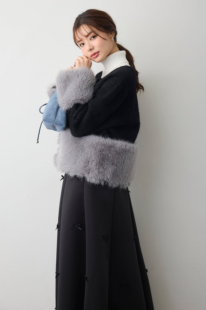 [予約/SET]配色ファードッキングコート+マルチパターンボンディングフレアスカート(2set)