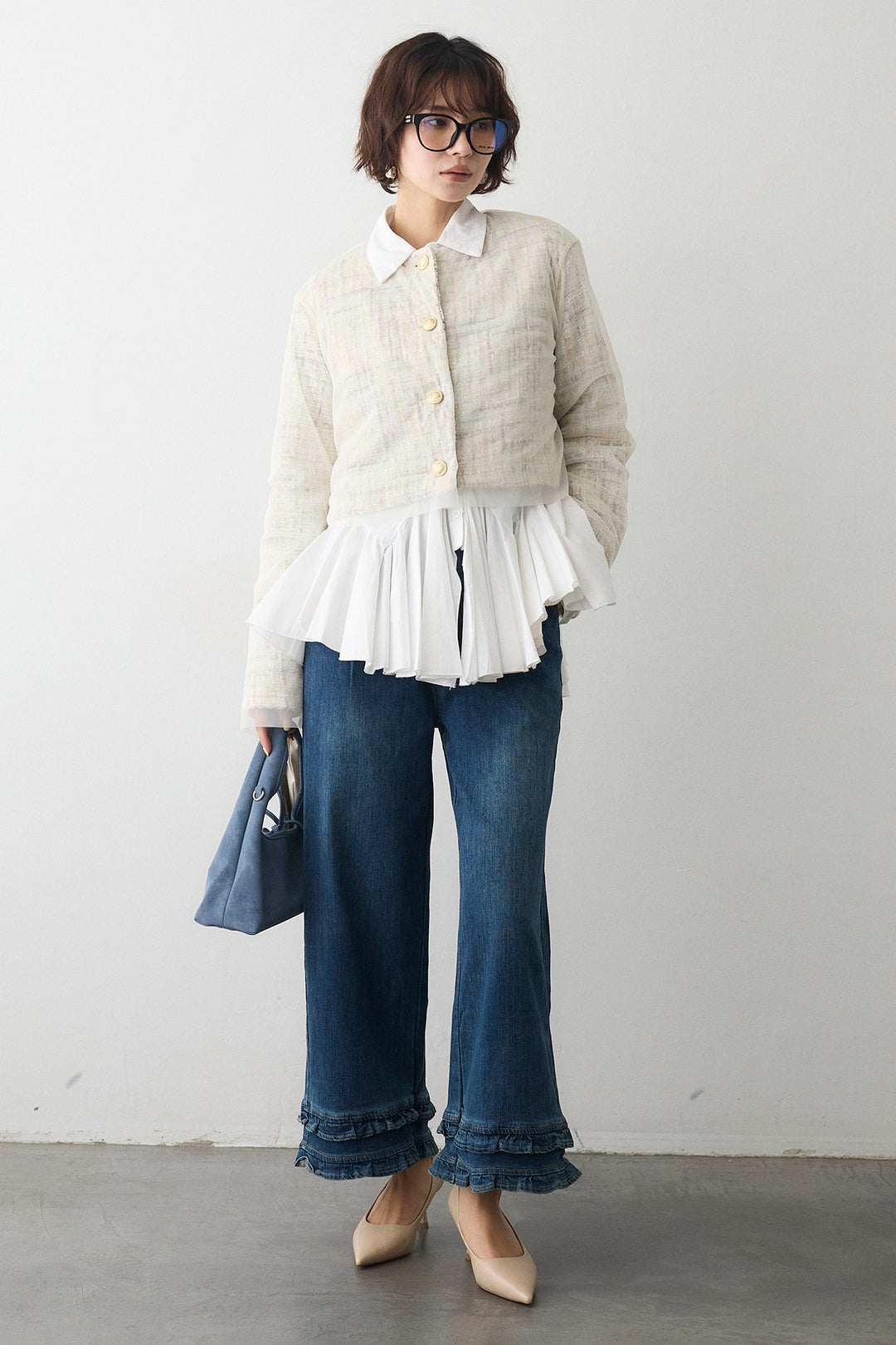 [予約/SET]パネルフレアヘムシャツ+ツイード×チュールレイヤードクロップドジャケット(2set)