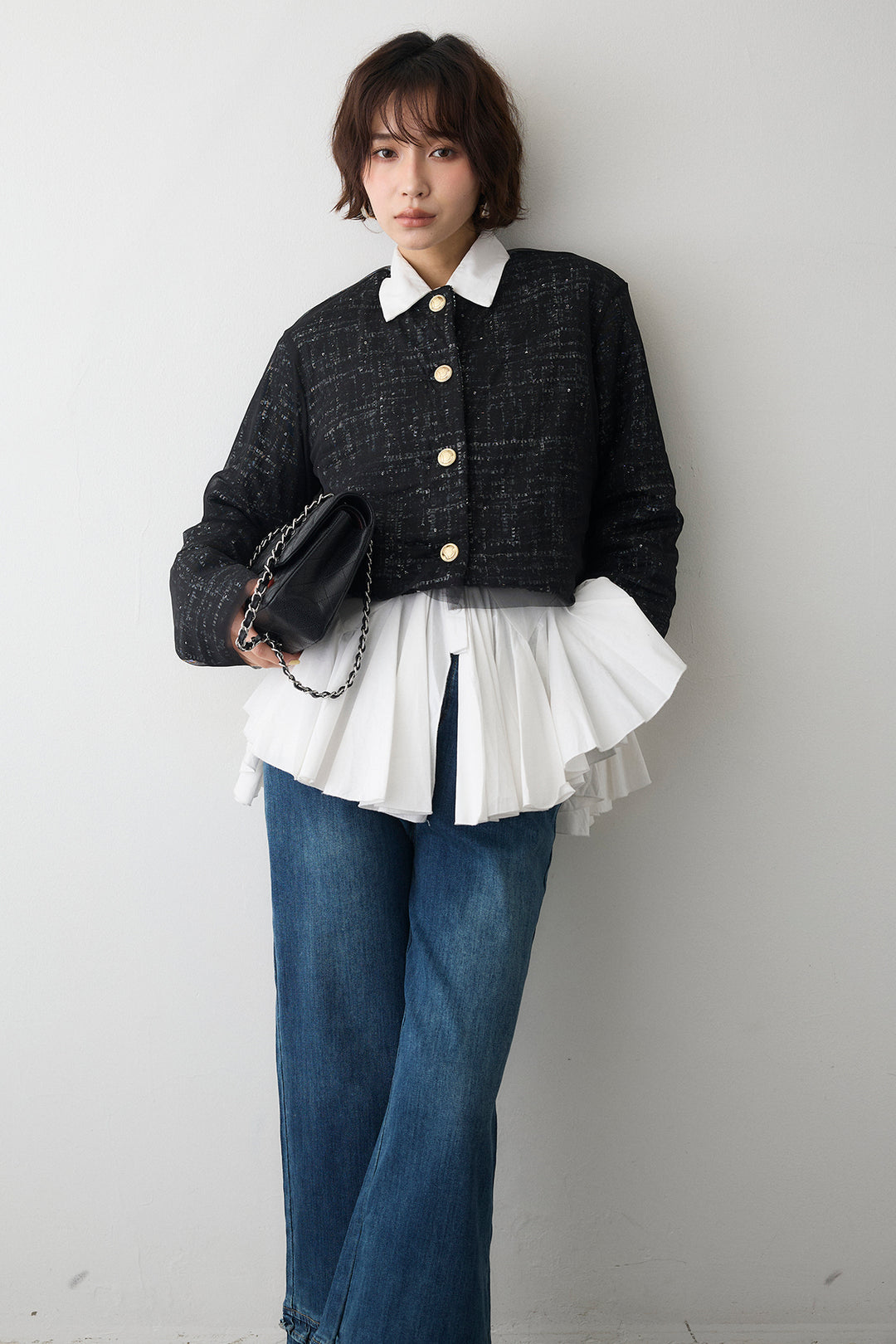 [予約/SET]パネルフレアヘムシャツ+ツイード×チュールレイヤードクロップドジャケット+フリルヘムデニムパンツ(3set)