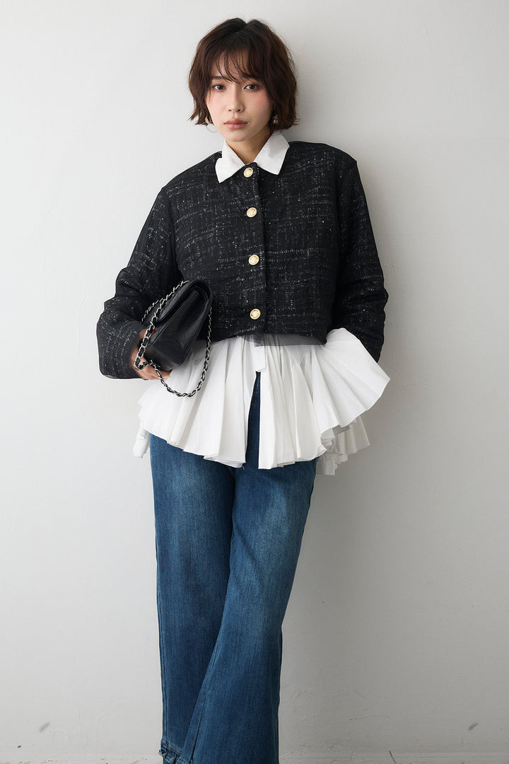 [予約/SET]パネルフレアヘムシャツ+ツイード×チュールレイヤードクロップドジャケット+フリルヘムデニムパンツ(3set)