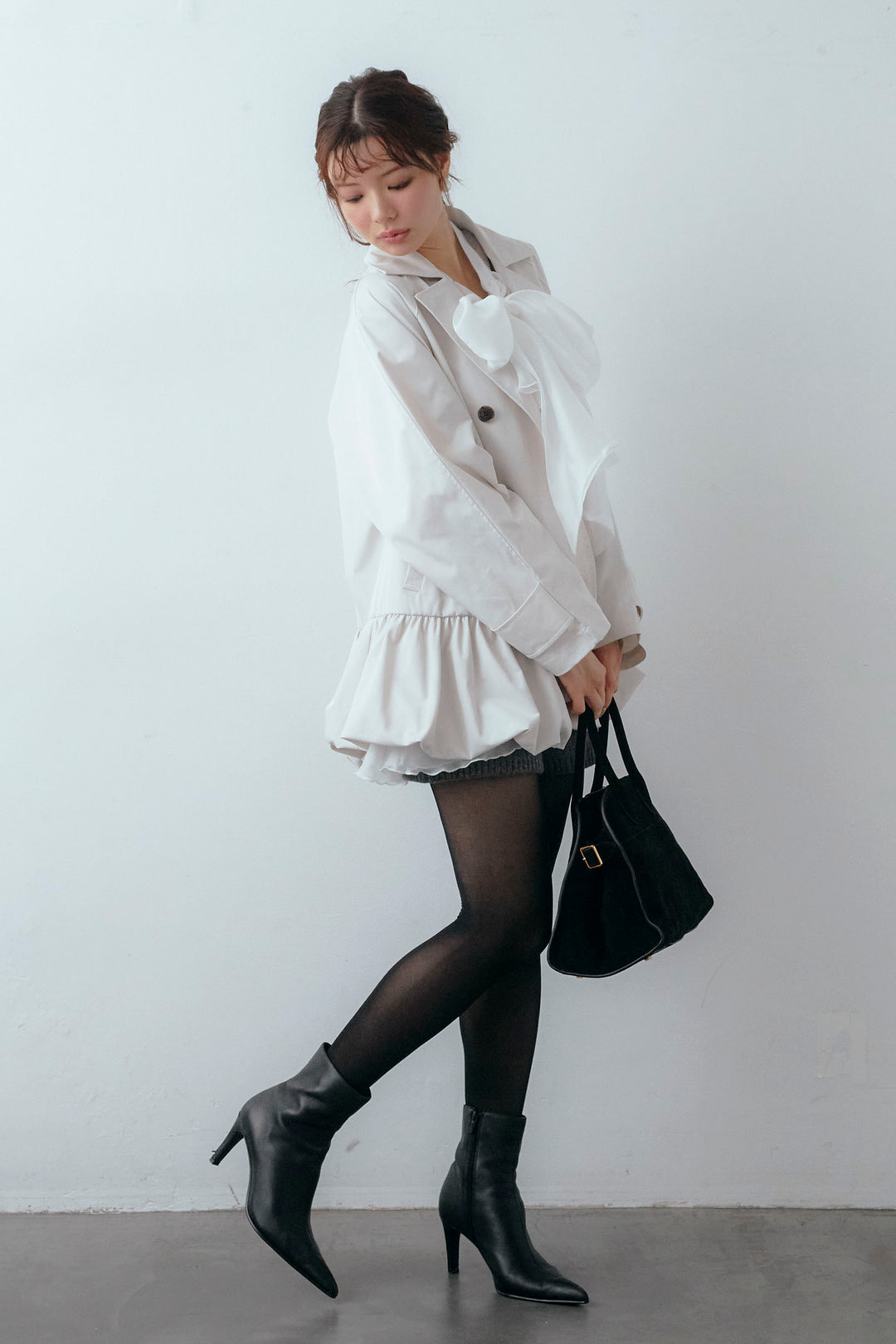 [予約/SET]フロントBIGリボンティアードエアリーチュニック+バルーンヘムミディ丈トレンチコート(2set)