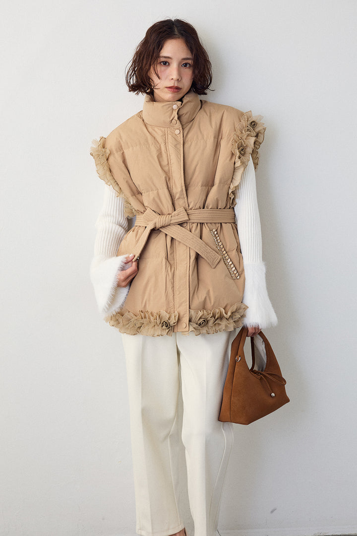 [予約/SET]フェザー切替スリーブフレアニット+フリルチュールスリーブ美ラインベスト+ウォームセンタープレス美ラインテーパードパンツ(3set)