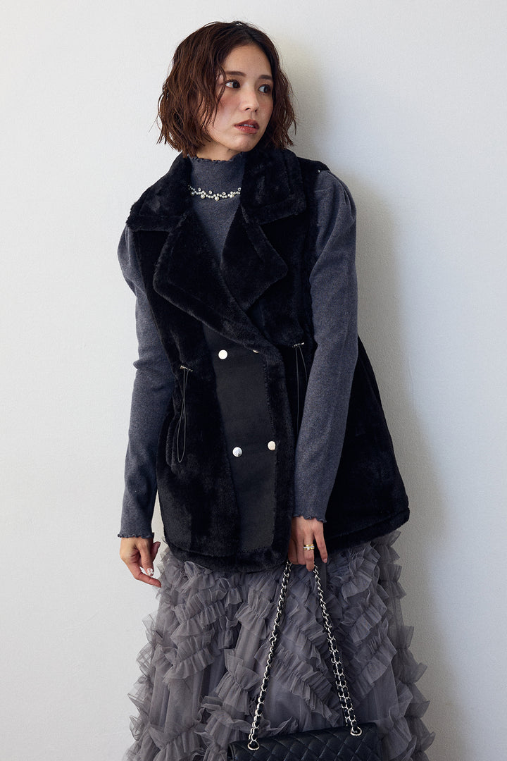 [予約/SET]ネックショルダーパールポイントニット+テディボアウエストドロストベスト+スフレアシメチュールスカート(3set)