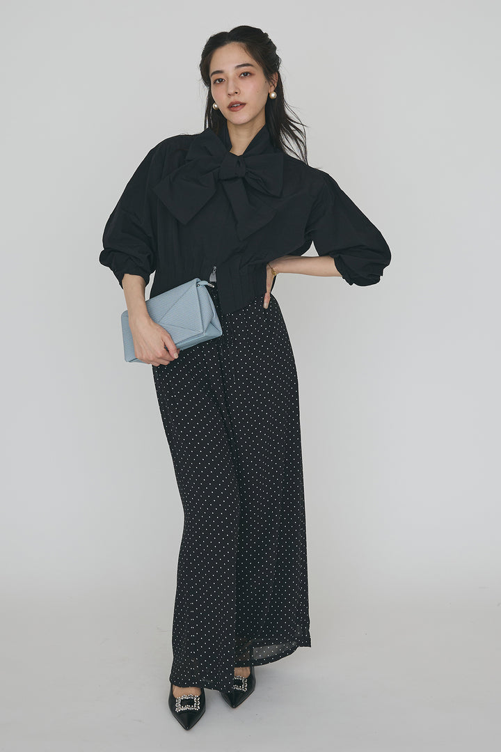 [予約/SET]フロントファスナーヘムタックボウタイブラウス+シアードットリラックスパンツ(2set)