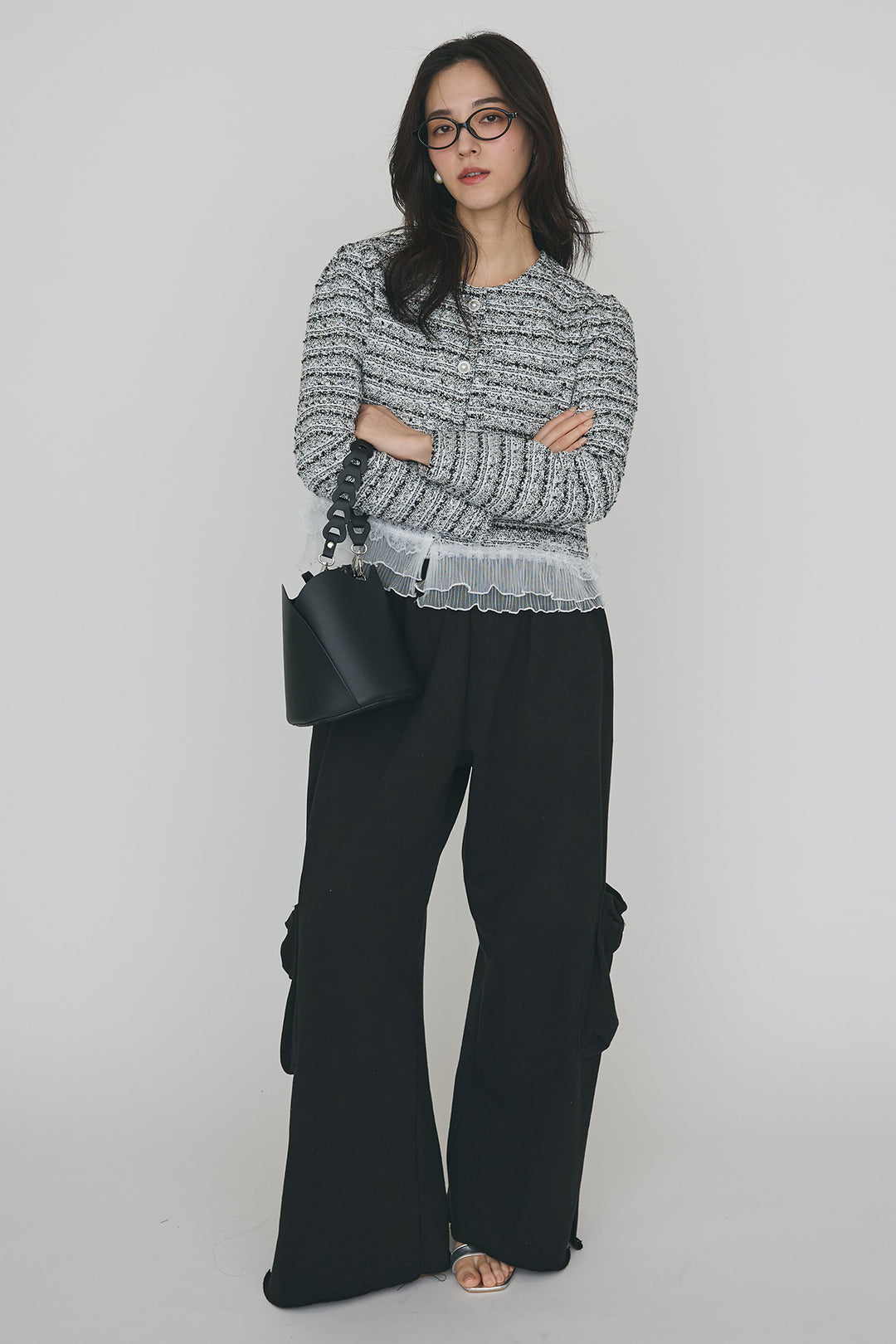 [予約/SET]プリーツフリルヘムライトツイードジャケット+ライトスウェットサイドリボンパンツ(2set)