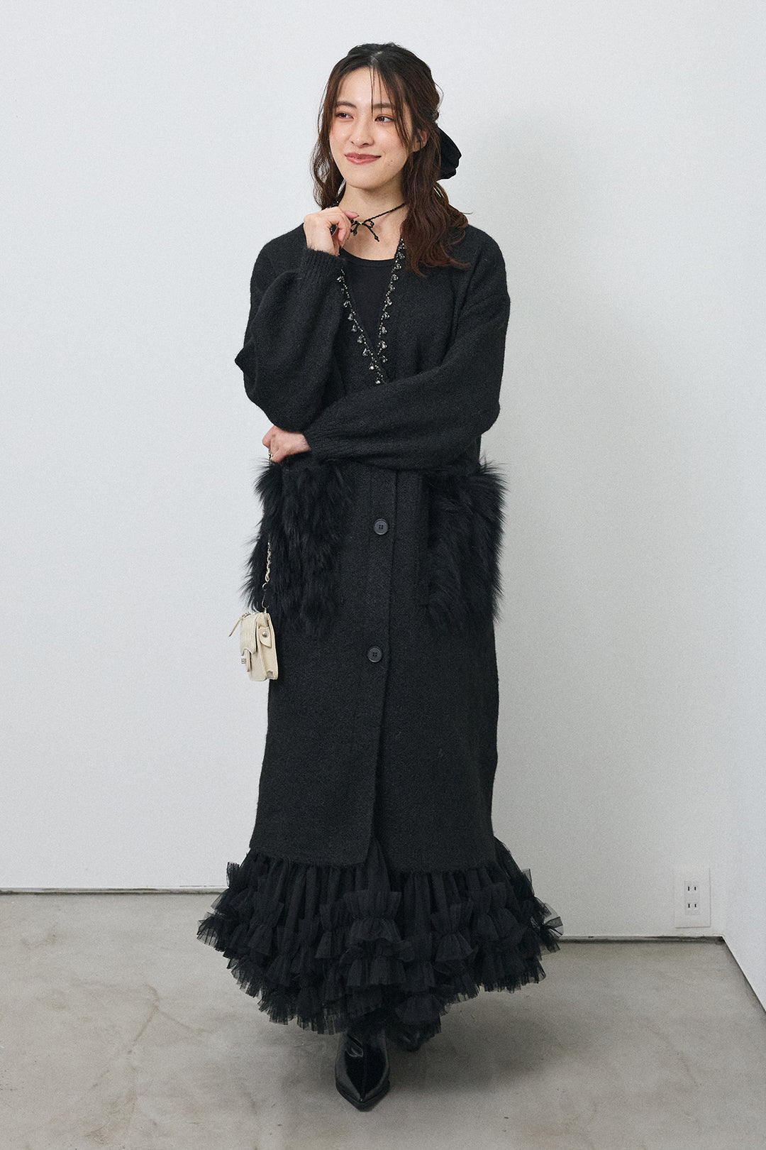 [予約/SET]ファーポケットロングニットカーデ+スウィートチュールフリルスカート(2set)