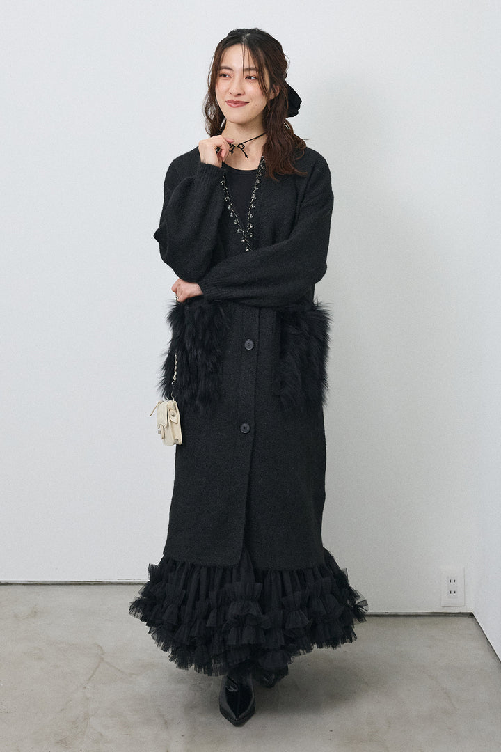 [予約/SET]ファーポケットロングニットカーデ+スウィートチュールフリルスカート(2set)